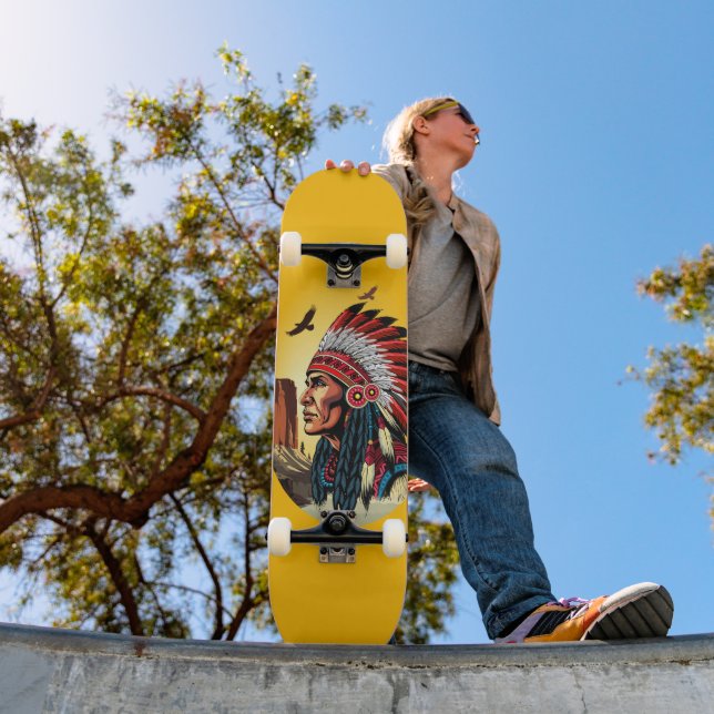 Skateboard Jefe nativo americano en el salvaje atardecer pais (Exterior 1)
