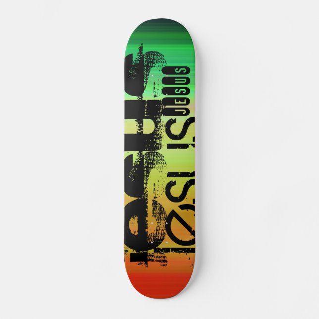 Skateboard Jesús; Verde vibrante, Naranja y Amarillo (Anverso)