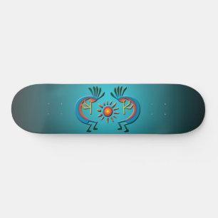 Skateboard Kokopelli con sol Verde azulado Ombre