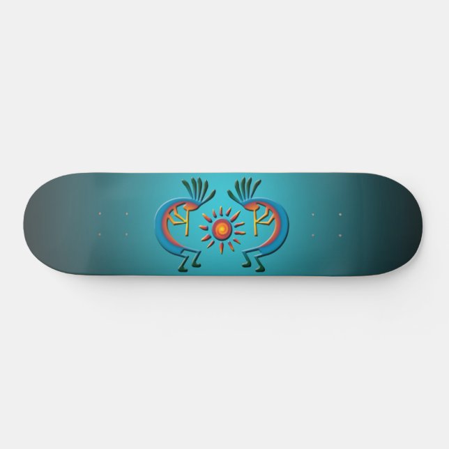 Skateboard Kokopelli con sol Verde azulado Ombre (Horz)