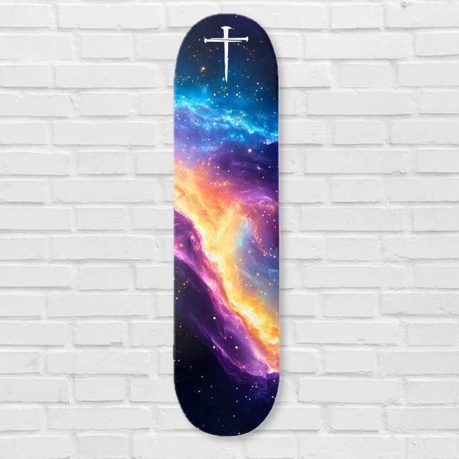 Skateboard La Cruz de los Tres Clavos Galaxia Púrpura Cristia (The Three Nails Cross Purple Galaxy Christian Skateboard)