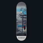 Skateboard Lago de arte asiático japonés a la luz de la luna<br><div class="desc">Un exuberante skateboard personalizado japonés vintage azul y gris. Luz de la luna,  montañas.</div>