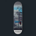 Skateboard Lago de arte asiático japonés a la luz de la luna<br><div class="desc">Un exuberante skateboard personalizado japonés vintage azul y gris. Luz de la luna,  montañas.</div>