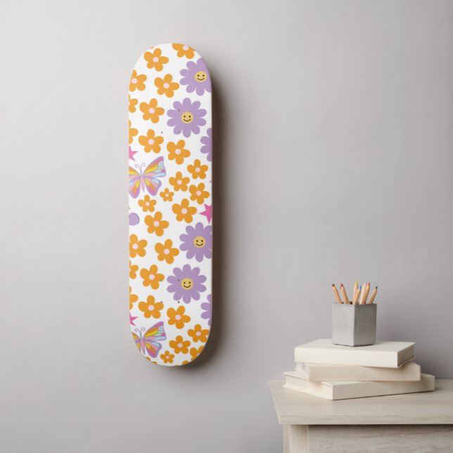 Skateboard Las flores de los 90 son mariposas Naranja Purple  (Arte de la pared)