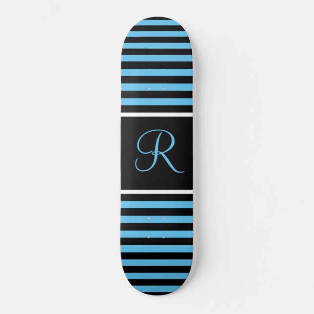 Skateboard Letra rayada azul y negra Personalizado inicial (Anverso)
