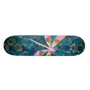 Skateboard Libélula color de rosa del oro en fondo floral de