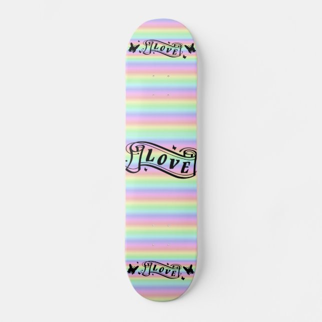 Skateboard Liebe Schriftband, schmetterling auf Regenbogen (Anverso)