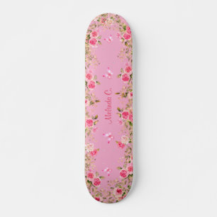 Skateboard Lindo Rosa Claro & Rosas Rosadas & Mariposas Rosad