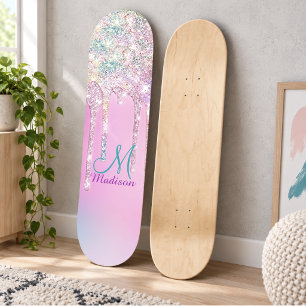 Skateboard Lindo Unicornio Rosa Lluvia de Purpurina