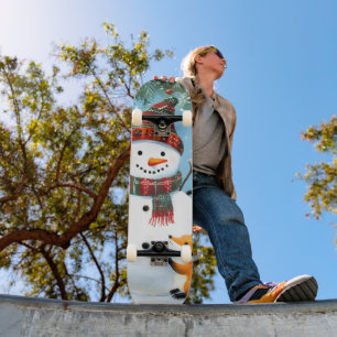 Skateboard Lindo zorro y muñeco de nieve del bosque invernal