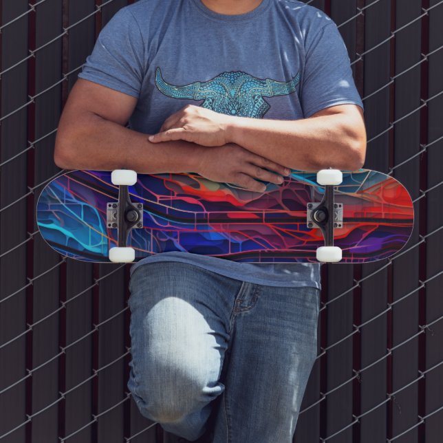 Skateboard Líneas complejas conectadas en rojo y azul (Exterior 3)