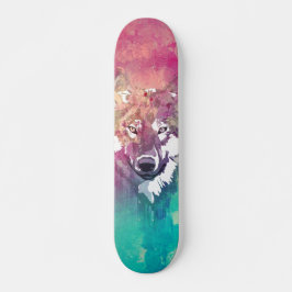 Skateboard Lobo abstracto artístico de la acuarela rosada de