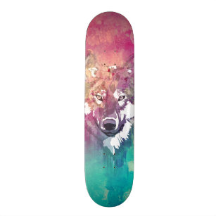 Skateboard Lobo abstracto artístico de la acuarela rosada de