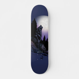 Skateboard Lobo Aullador Arte de Montaña bajo la Luna