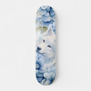Skateboard Lobo Blanco Florales Acuarela Azul Pastel