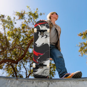 Skateboard Lobo blanco rojo lunar