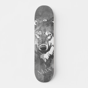 Skateboard Lobo de acuarela blanca abstracto moderno