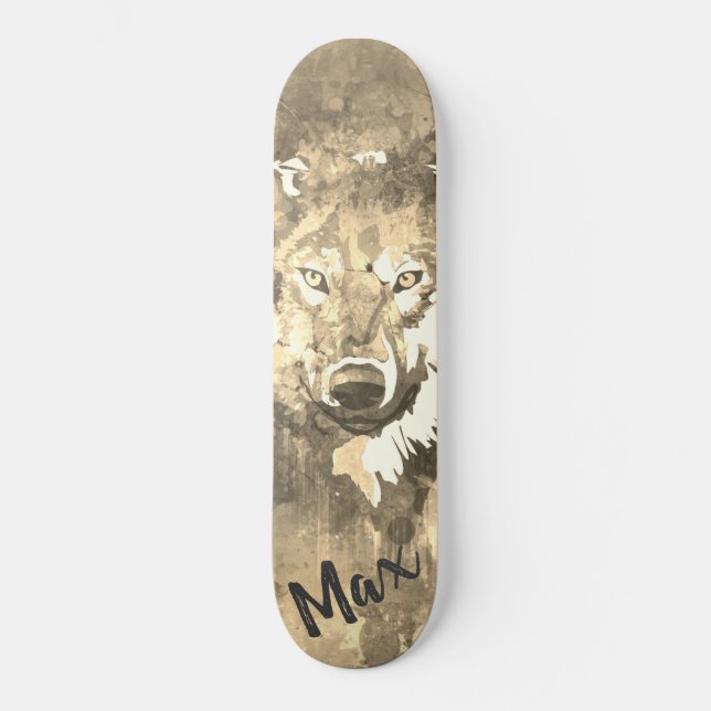 Skateboard Lobo de acuarela gris y blanco negro (Anverso)