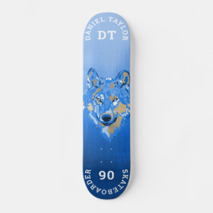 Skateboard Lobo monogramo de pintura color azul dorado