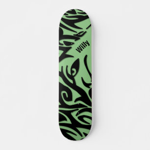 Skateboard Lobo tribal de abstracto verde y negro con nombre