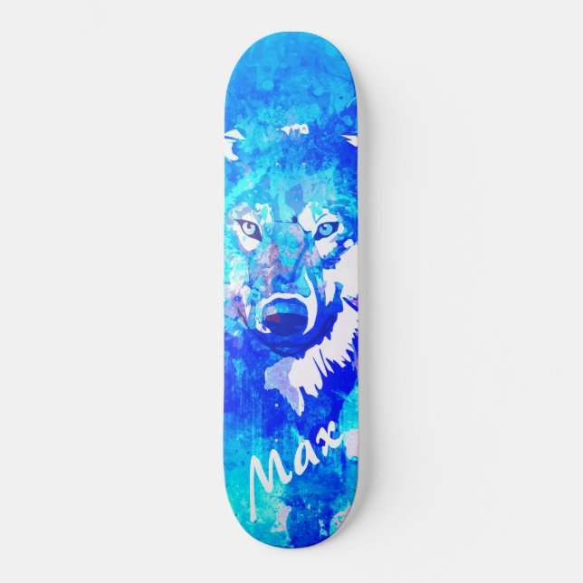Skateboard Lobo verde azulado de acuarela blanca y azul (Anverso)