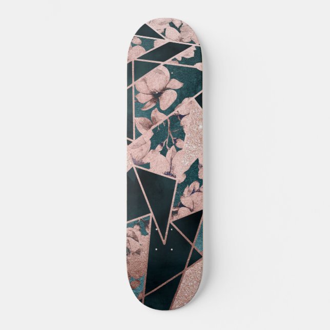 Skateboard Lujoso patrón geométrico floral Rosa Gold Artsy (Anverso)