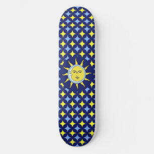 Skateboard Luna y Sol en Patrón de Estrella Azul y Amarillo