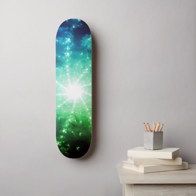 Skateboard Luz azul verde brillante al final del túnel (Arte de la pared)