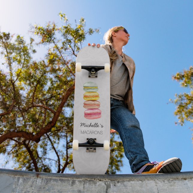 Skateboard Macarrones Franceses Acuarela Pintado a Mano (Exterior 1)