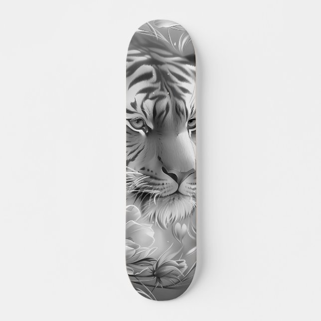 Skateboard Majestic Fantasy Gray Scale Tiger Head & Florals  (Anverso )