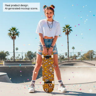Skateboard Mandalá Floral Dorado Patrón Boho