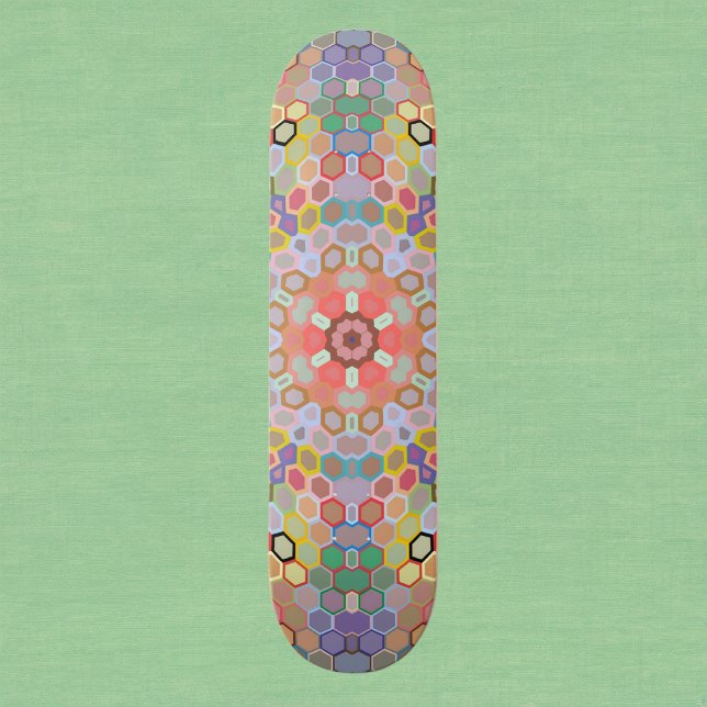 Skateboard Mandalá Hexagonal Arcoíris (Rainbow Hexagon Mandala Skate Board by Wormhole Orbital)