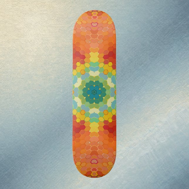 Skateboard Mandalá Hexagonal Naranja Amarillo Rojo y Azul (Orange Yellow Red and Blue Hexagon Mandala Skate Board by Wormhole Orbital)