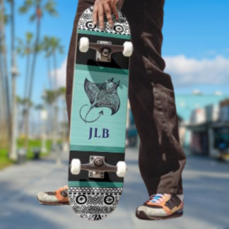 Skateboard Manta Ray Teal Black White Polynesian w Initial