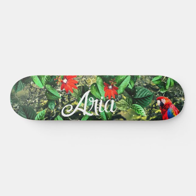 Skateboard Maqueta de loro escarlata en la jungla con flores (Horz)