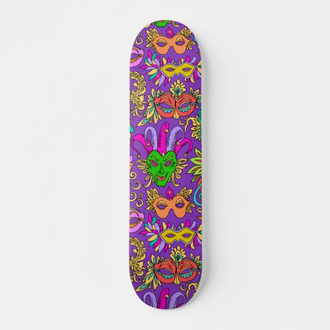 Skateboard Mardi Gras Mascarada Máscara Verde Púrpura Brillan (Anverso )