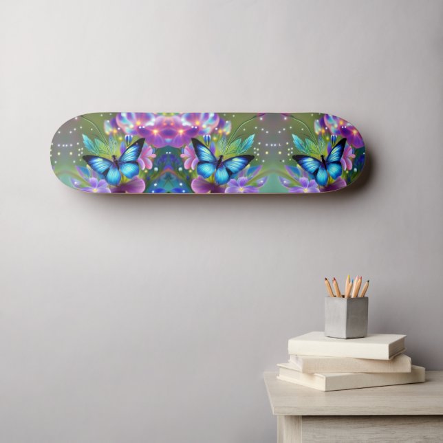 Skateboard Mariposa azul brillante en el Jardín de los Hados (Arte de pared (horz))