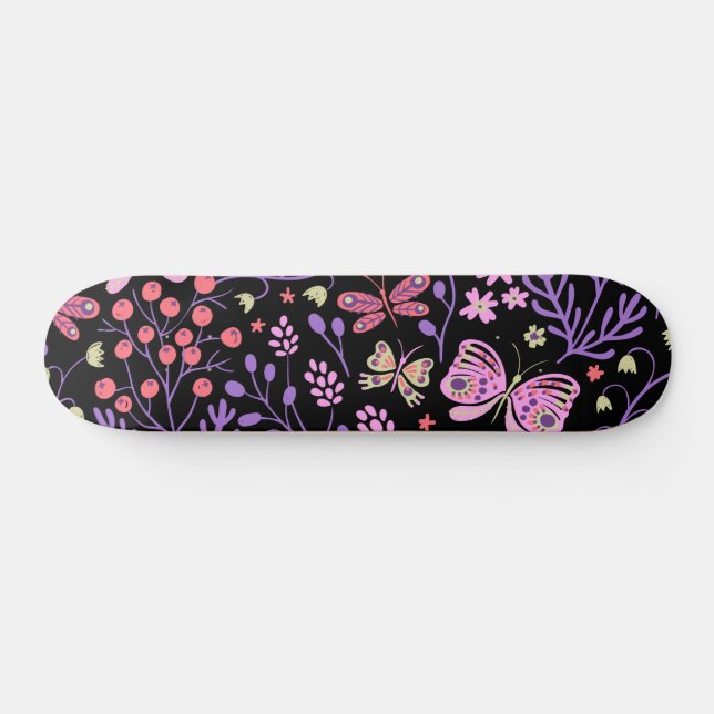 Skateboard Mariposa Colorida Y Flores Rosa lindo (Horz)