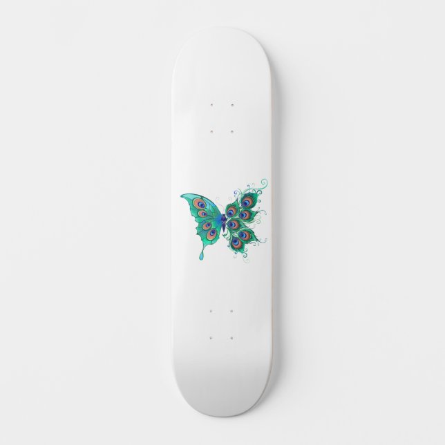 Skateboard Mariposa con plumas de pavo real verde (Anverso)