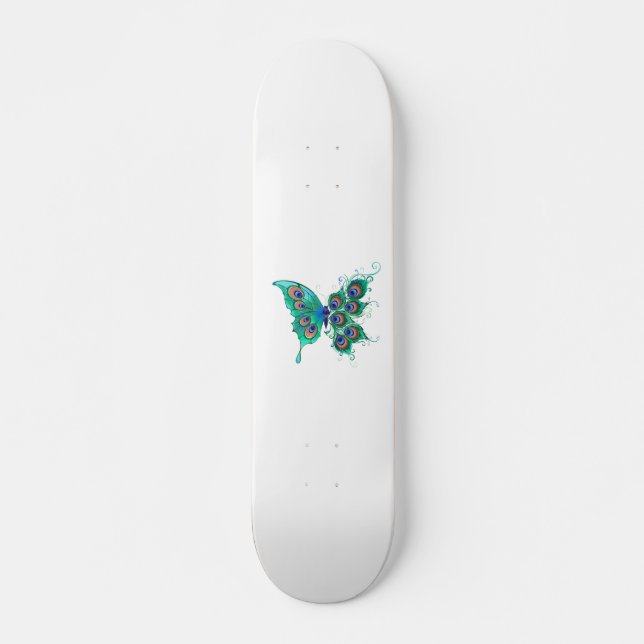 Skateboard Mariposa con plumas de pavo real verde (Anverso )