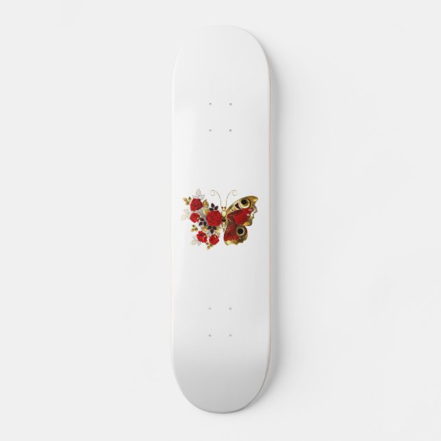 Skateboard Mariposa de flor roja con rosas rojas (Anverso)