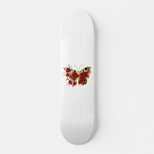 Skateboard Mariposa de flor roja con rosas rojas (Anverso )