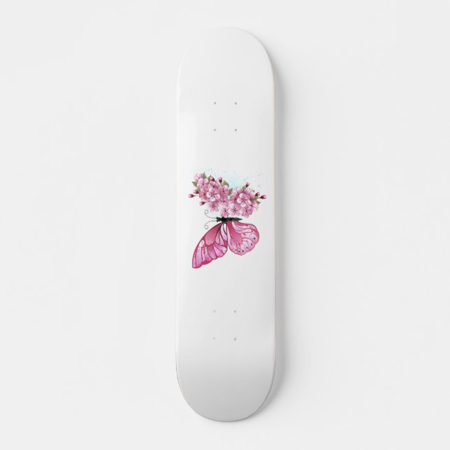 Skateboard Mariposa de flores con Sakura rosa (Anverso )