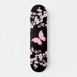 Skateboard Mariposa negra rosa y flores de cerezo