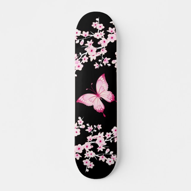 Skateboard Mariposa negra rosa y flores de cerezo (Anverso )