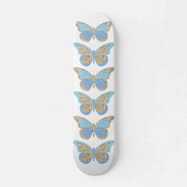 Skateboard Mariposas Azules de Oro Brillantes (Anverso )