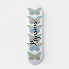 Skateboard Mariposas Azules Doradas con Brillo Personalizadas