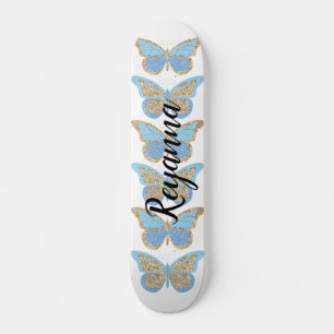 Skateboard Mariposas Azules Doradas con Brillo Personalizadas