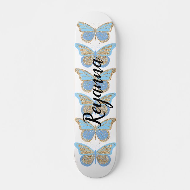 Skateboard Mariposas Azules Doradas con Brillo Personalizadas (Anverso )