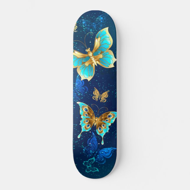 Skateboard Mariposas doradas sobre fondo azul (Anverso)